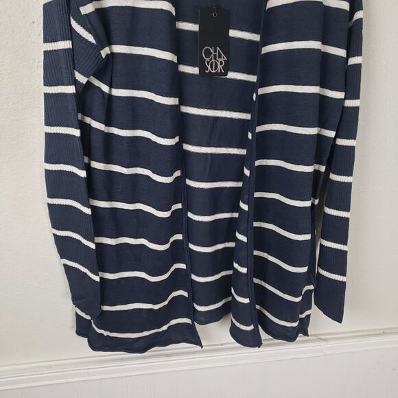 Chaser NWT Women's Blueish Grey White Striped Open Long Sleeve Cardigan Size Med - Picture 3 of 11